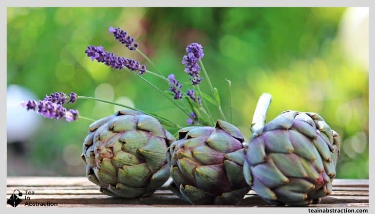 3 green and purple artichoke sitting on a wood table with lavender flowers arranged around them