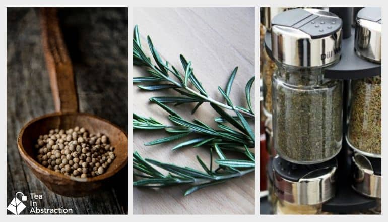 black peppercorns, fresh rosemary and a spice bottle of dill weed in a composite image