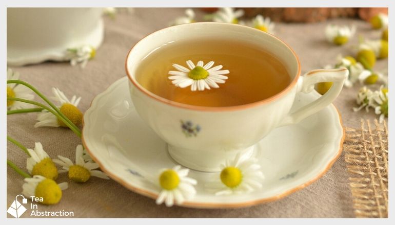 cup of chamomile tea with a white and yellow chamomile flower floating in it