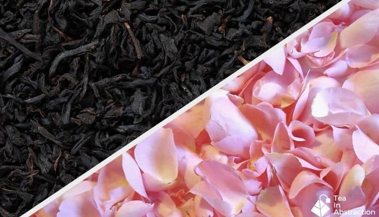 composite image of rose petals and black tea leaves
