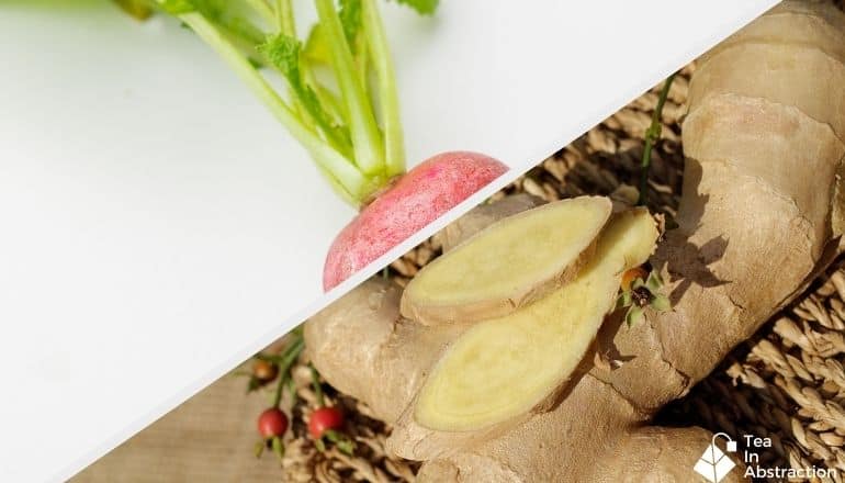 composite image of ginger root and radish greens